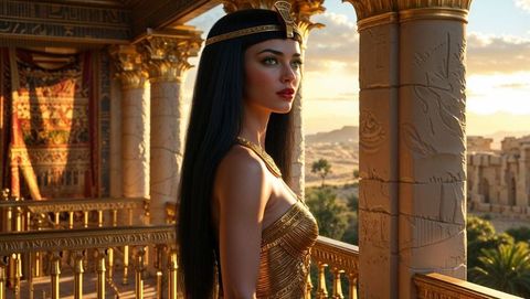 Elegantly Attired Noble Lady on Palace Balcony Overlooking Desert Sunset