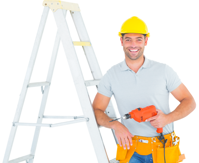 Transparent Portrait of Happy Handyman with Power Drill Leaning on Ladder - Download Free Stock Videos Pikwizard.com