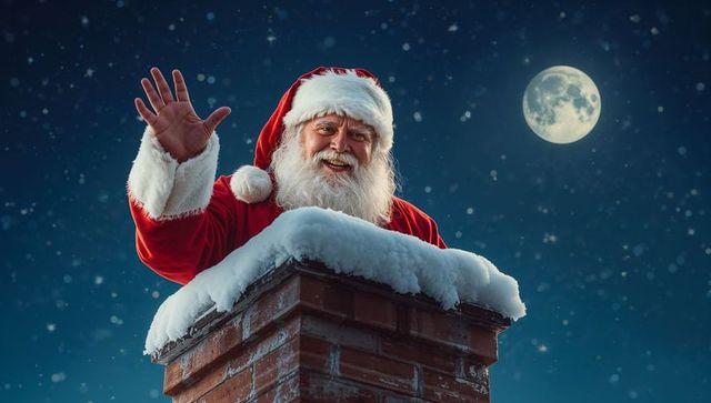 Santa Claus Waving from Snowy Chimney at Night