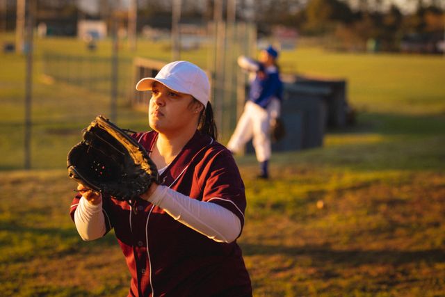 Biracial female baseball player in action during game. female baseball team, sports training and game.