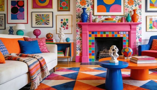 Vibrant eclectic living room with pink tiled fireplace, geometric rug and colorful gallery