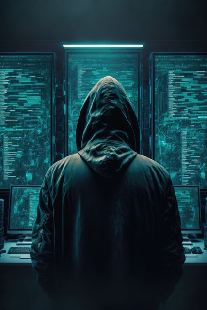 Hooded figure backs audience, working on multiple digital screens filled with coding lines in dark space. Ideal for illustrating cybersecurity, programming, hacking threats, tech industry themes, and digital security awareness campaigns.