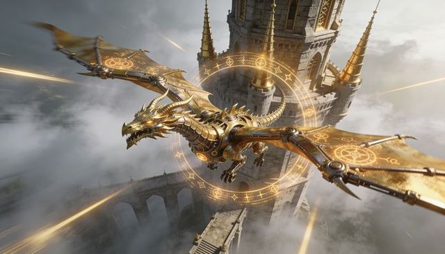 Gilded clockwork dragon soaring and circling castle tower through arcane rune ring
