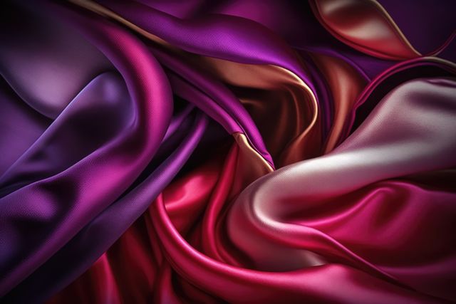 Vibrant, shimmering waves of luxurious silk fabric in a smooth texture, showcasing rich hues of pink and purple. Ideal for backgrounds in fashion, textile industries, or beauty web designs. Use for advertisements or marketing materials highlighting elegance and luxury.