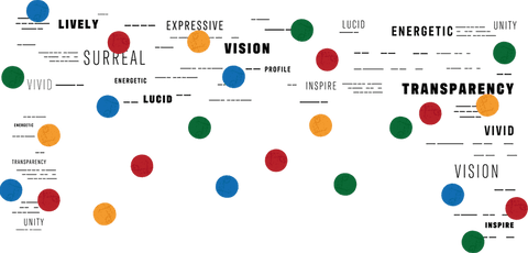 Abstract multicolored circles and text on transparent background