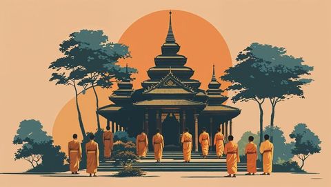 Monks in Saffron Robes Ascending Temple Steps under Orange Sun Disk