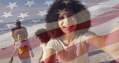 Family Fun at the Beach with American Flag Overlay - Download Free Stock Images Pikwizard.com