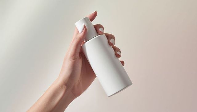Elegant white pump bottle held by hand in pastel gradient
