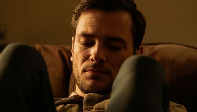 Contemplative young man resting on leather sofa with warm ambient lighting closeup