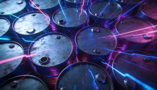 Glinting steel barrels in industrial storage catching neon streaks with rusted bungs