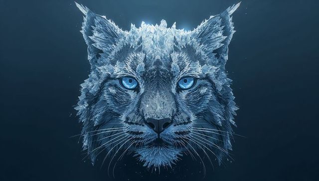 Shimmering crystal lynx head with glowing blue eyes, geometric ice wildlife portrait