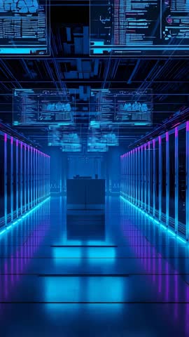 Vertical video gliding through neon-lit data center corridor with moving camera and server racks