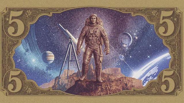 Astronaut on Alien Landscape with Telescope and Vintage Design