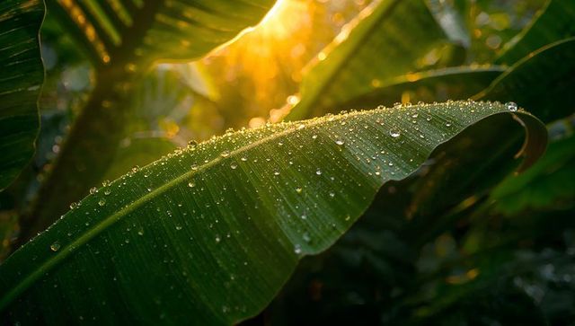 Dew Drops on Tropical Leaf Under Morning Sunlight