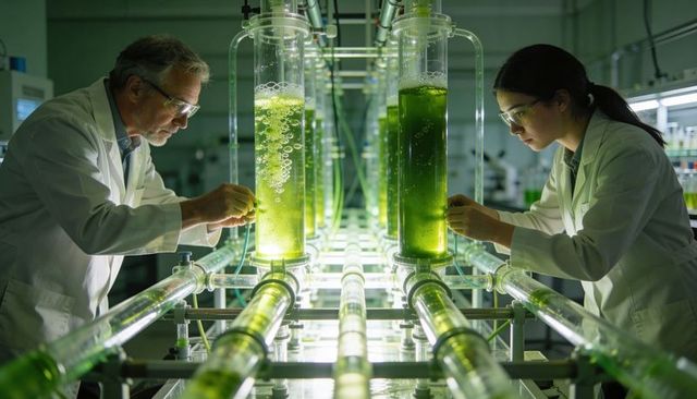 Scientists adjusting photobioreactor tubing during algae cultivation for biofuel research