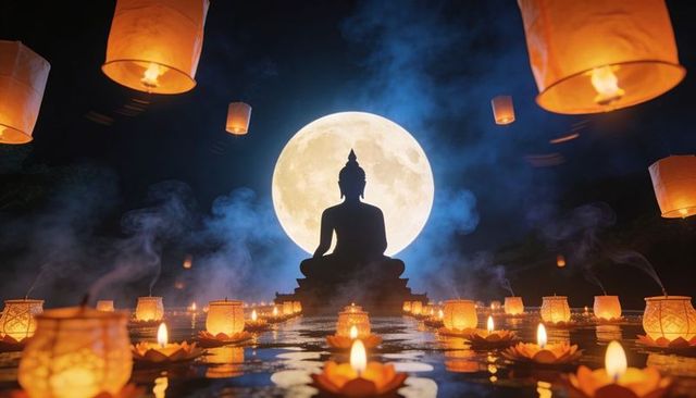 Full moon halo behind meditating buddha silhouette with floating lanterns and lotus