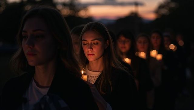 Young woman holding candle during dusk vigil, warm candlelight illuminating face