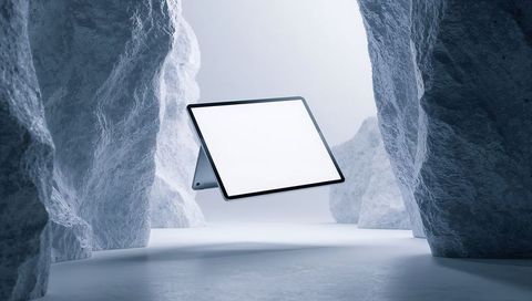 Futuristic Tablet Suspended in Abstract Stone Environment