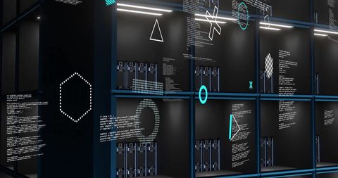 Futuristic Data Processing Technology Depot with Rotating Graphics