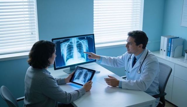 Doctor discussing chest x-ray with patient, reviewing scans on monitor and tablet