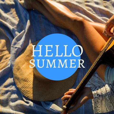 Woman Relaxing at Beach with Guitar and Straw Hat, Hello Summer Text