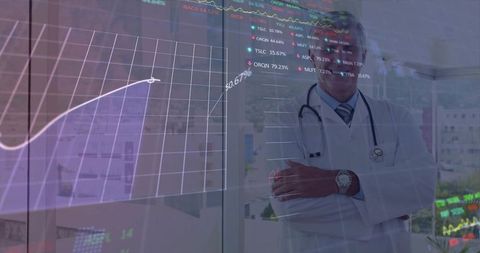 Doctor analyzing stock market data in modern clinic setting