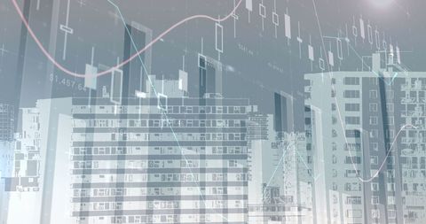 Global business data overlay on urban skyline