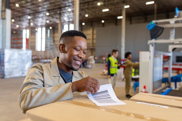 Young African American male worker labelling cardboard boxes with barcodes in a large warehouse. Ideal for use in articles or advertisements related to logistics, shipping, warehouse operations, inventory management, and industrial occupations.