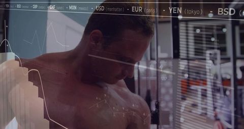 Muscular athlete posing shirtless in gym with financial charts and currency tickers overlay