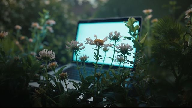 Nature and technology harmony with laptop amidst daisies