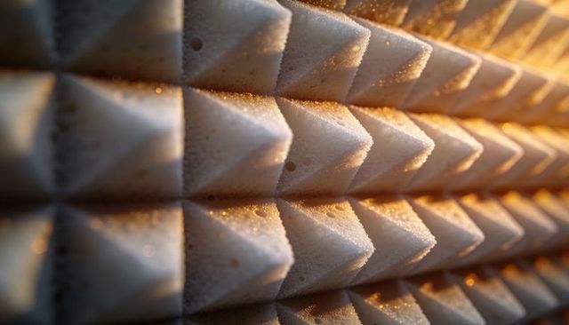 Macro close-up showing pyramidal acoustic foam panel grainy porous texture in warm light