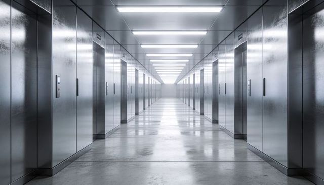 Receding symmetric elevator corridor with chrome doors, LED lighting, futuristic design