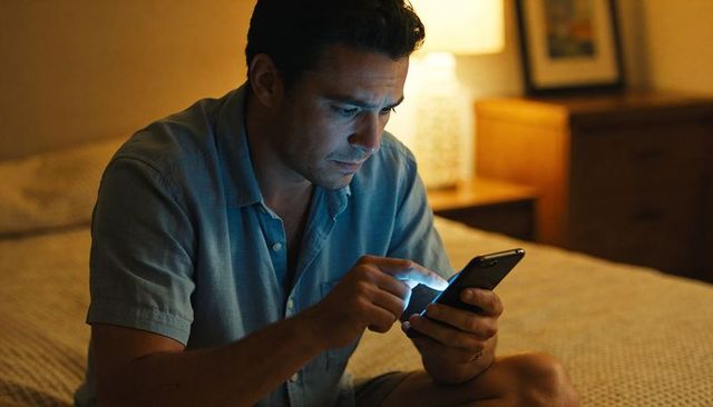 Man using smartphone in cozy bedroom at night, scrolling under warm lamp light