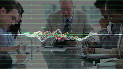 Business Meeting with Financial Data Animation Overlay