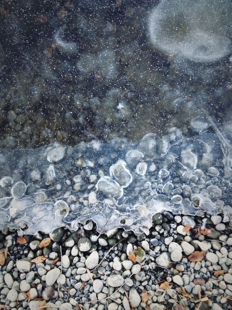 Frozen bubbles in icy lake surface creating an abstract nature scene. Close-up view highlighting cold weather formation with mixed pebbles on shoreline. Ideal for winter-themed backgrounds, nature studies, cold weather promotions, and abstract art projects.