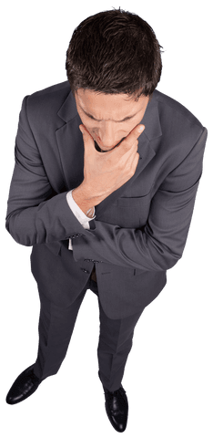 Contemplative Businessman Touching Chin in Grey Suit on Transparent Background