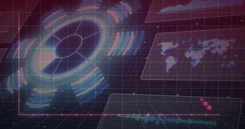 Futuristic Holographic HUD Featuring Circular Control Interface, World Map and Data Streams