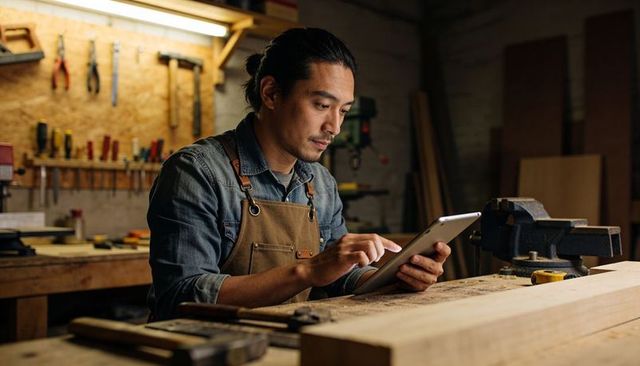 Woodworker using tablet for project plans at workbench in rustic woodshop with tools and vise