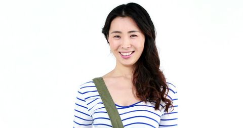 Smiling Student Wearing Striped Shirt with Bag