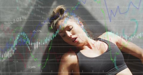 Athlete recovering on mat with financial charts overlay linking fitness and finance