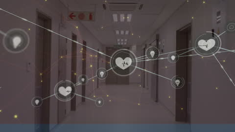 Digital Network Overlay in Modern Hospital Corridor
