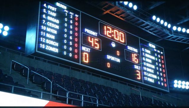 Displaying stadium led scoreboard with game clock 12:00, empty seats and led panels