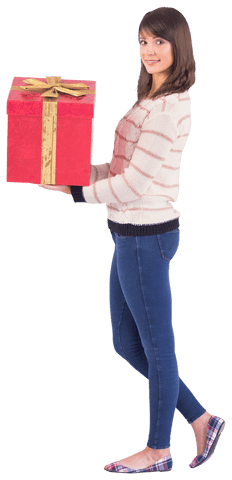 Smiling Woman Holding Large Red Gift with Gold Ribbon Transparent Background