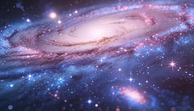 Glowing spiral galaxy featuring pink and blue star-forming arms, dust lanes and starfield