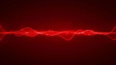 Pulsing red waveform signal with neon glow, digital particles and ai data visualization