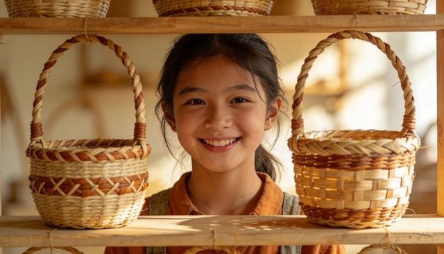 Smiling asian girl standing behind rustic wooden shelf with handmade wicker baskets