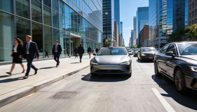 Silver electric sedan driving past downtown glass towers during busy morning commute