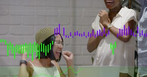 Young women celebrating with joyful laughter and raised fists overlaid with audio bars