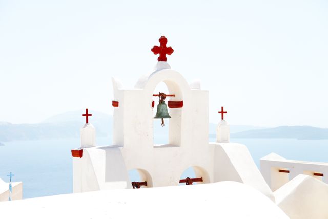 White Santorini Church Bells with Seaside View - Download Free Stock Photos Pikwizard.com