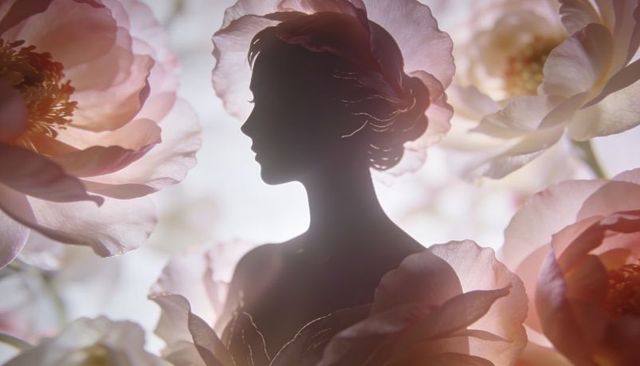 Framed woman silhouette wearing strapless wrap, rim-lit bun among pale pink blooms, dreamy halo boke
